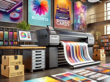 DALL·E 2025-03-12 22.08.27 - A high-quality feature image for a printing services blog. The image showcases a professional printing press with vibrant brochures, business cards, p