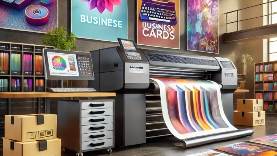 DALL·E 2025-03-12 22.08.27 - A high-quality feature image for a printing services blog. The image showcases a professional printing press with vibrant brochures, business cards, p