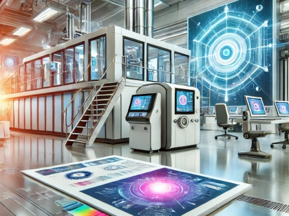 DALL·E 2025-03-12 22.14.05 - A high-quality feature image for a blog on printing technology. The image showcases a futuristic printing press with advanced digital screens, automat