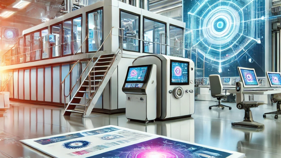 DALL·E 2025-03-12 22.14.05 - A high-quality feature image for a blog on printing technology. The image showcases a futuristic printing press with advanced digital screens, automat
