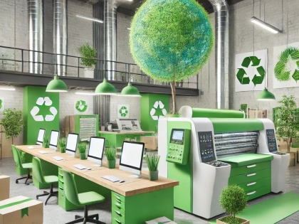 DALL·E 2025-03-12 22.18.18 - A high-quality feature image for a blog on eco-friendly printing. The image showcases a modern printing facility using sustainable materials like recy