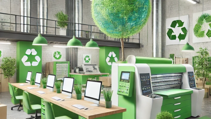 DALL·E 2025-03-12 22.18.18 - A high-quality feature image for a blog on eco-friendly printing. The image showcases a modern printing facility using sustainable materials like recy